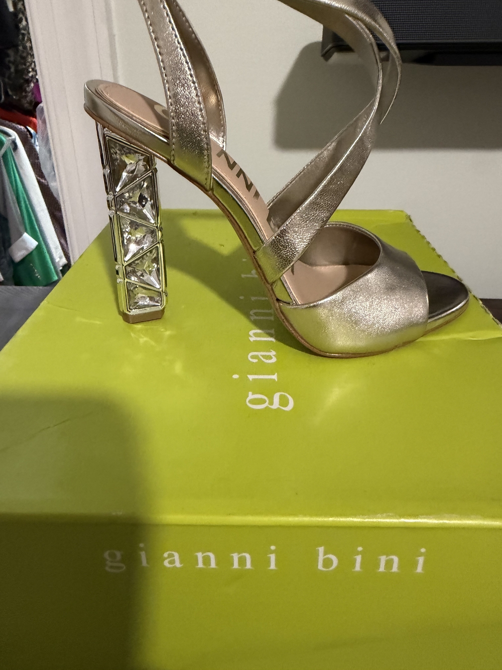 Gianni Bini Gold Crystal Block Heel Sandals